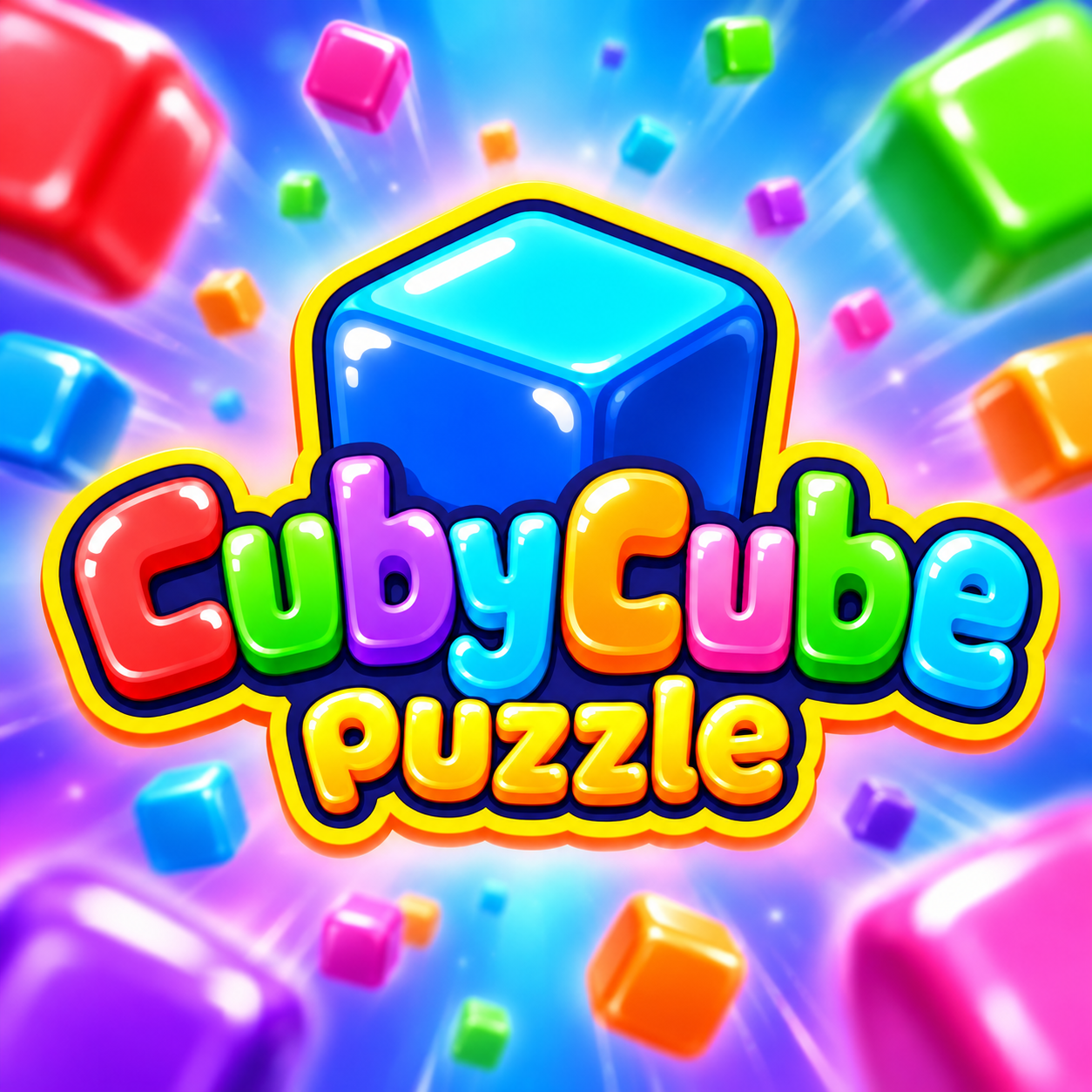 Logo CubyCube Puzzle sur un fond coloré avec des cubes en perspective